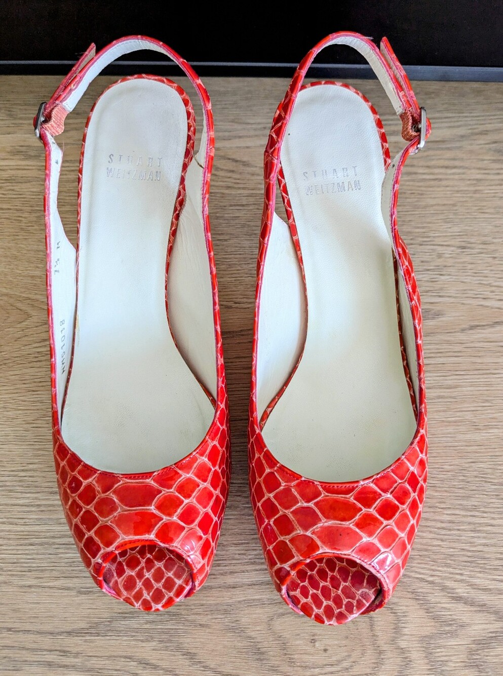 🍒👠 Vintage Stuart Weitzman Red Patent Leather Peep-Toe Slingback Heels